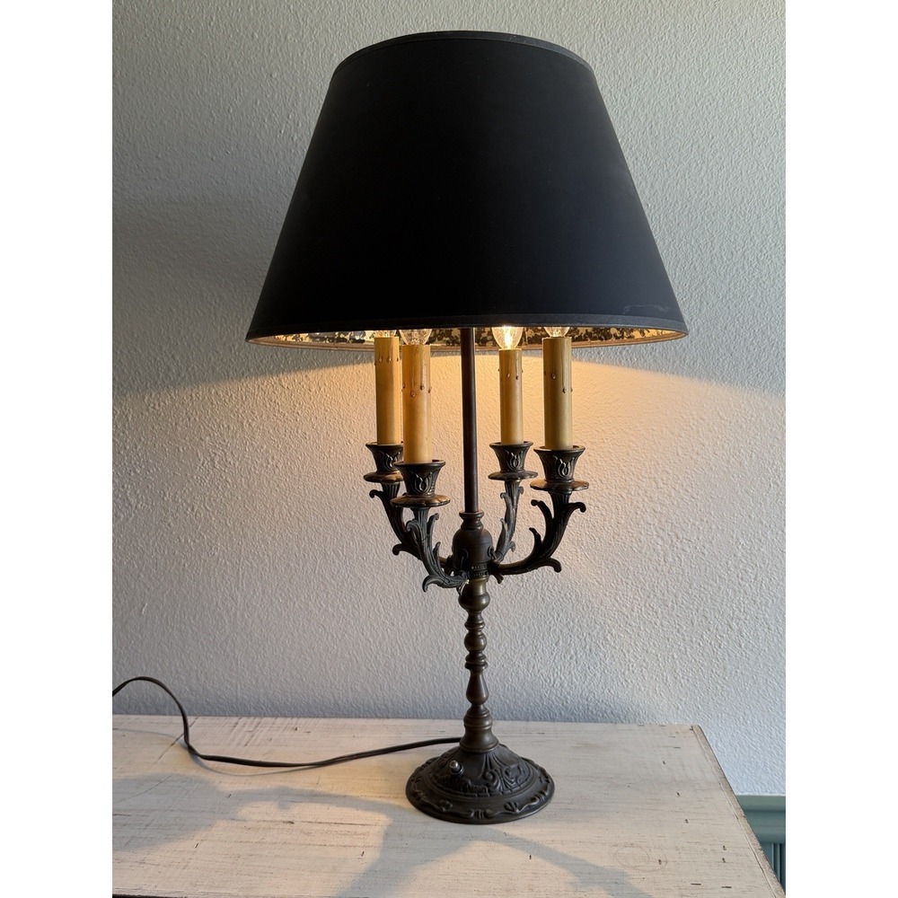 Vintage Brass Desk Table Lamp w/ Black And Gold Designed Shade 4 Candle Lights